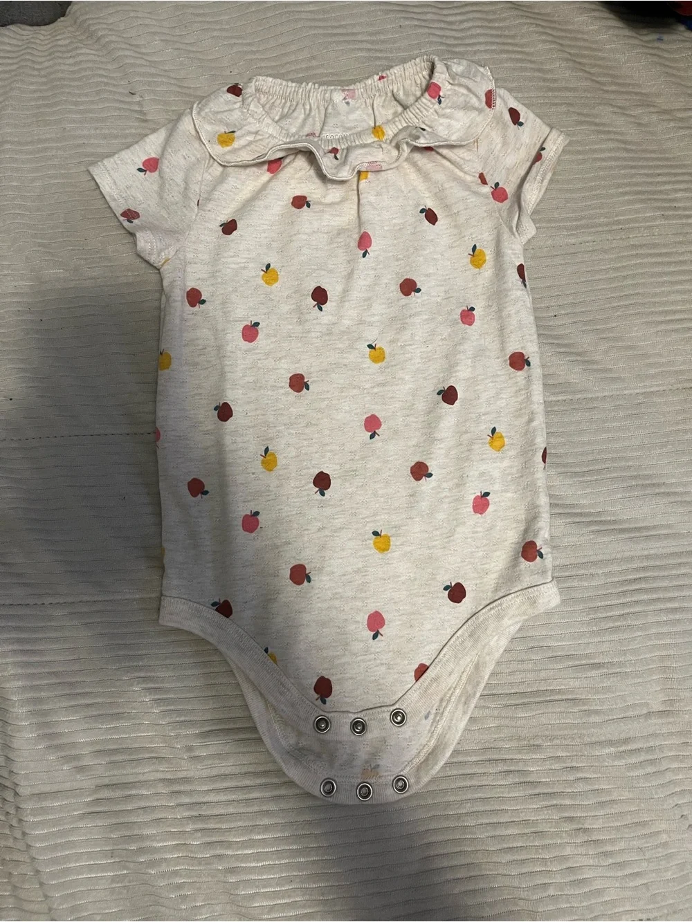 Baby Girls Cream Ruffle-Neck One-Piece with Pink & Yellow Apple Print